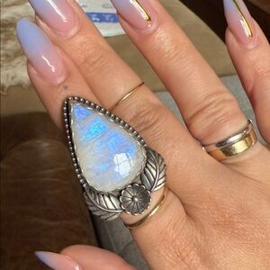 Silver Moonstone Floral Leaf Ring 925, 7.5